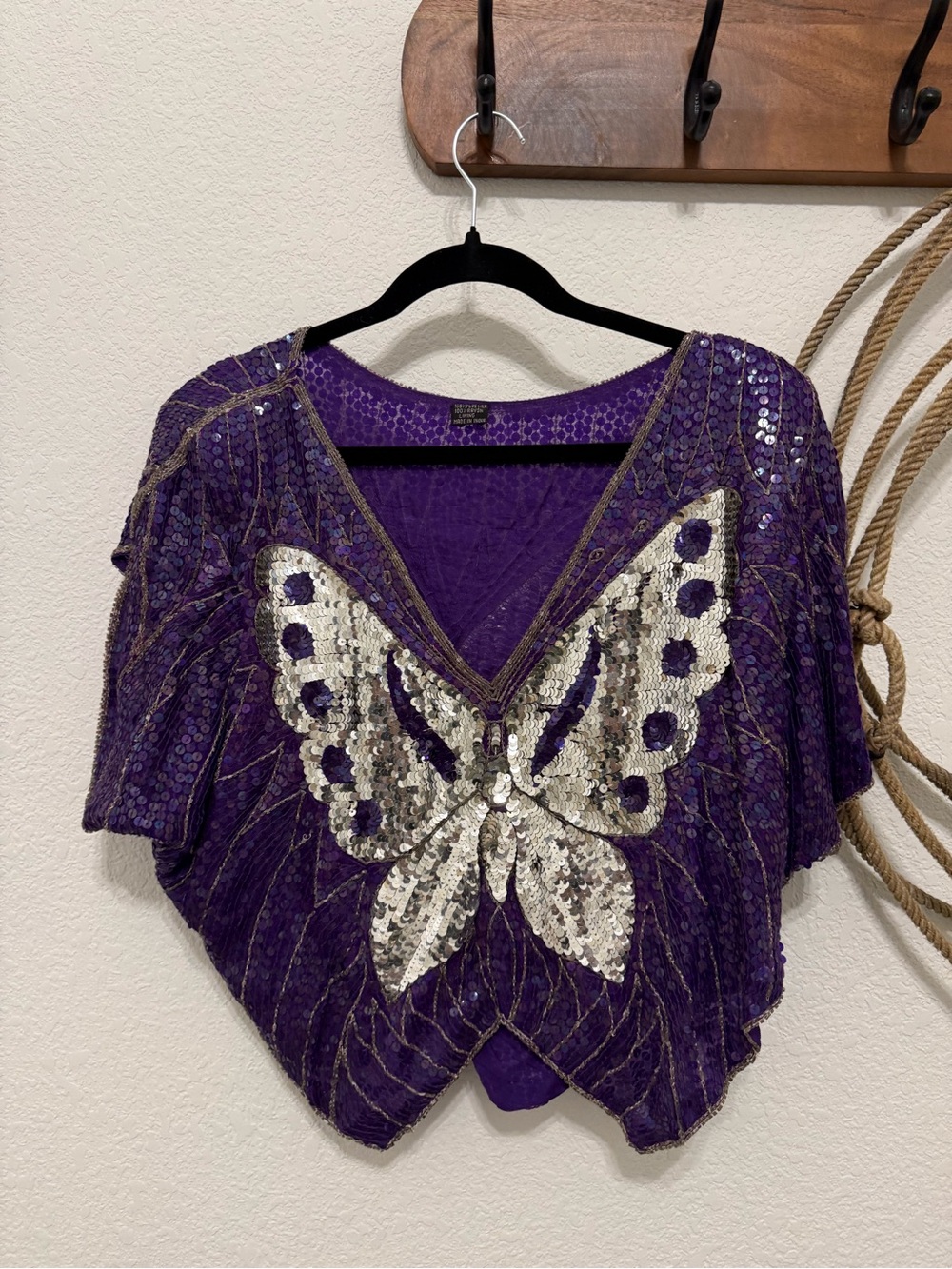 Vintage 80s/90s Pure Silk Sequin Butterfly Top – Purple & Silver 🦋✨